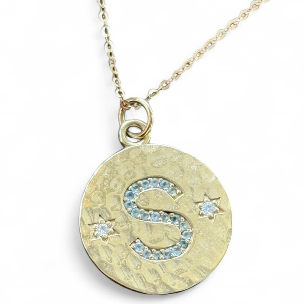 Gold, Diamond, Aquamarine Initial Pendant Necklace
